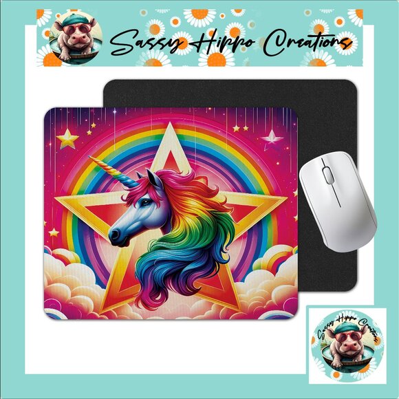 Mouse Pad Colorful Unicorn Rainbow Star Anti Slip Back Easy Clean Durable - Picture 1 of 4
